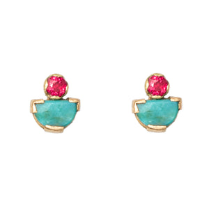 18ct Gold, Ruby and Turquoise Half-moon Ear Studs