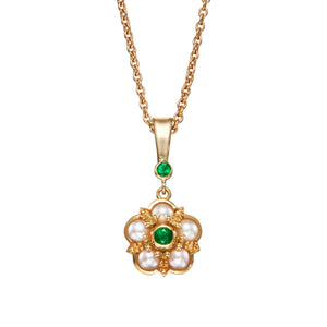 Pearl and Emerald Rose Pendant in 18ct Yellow Gold