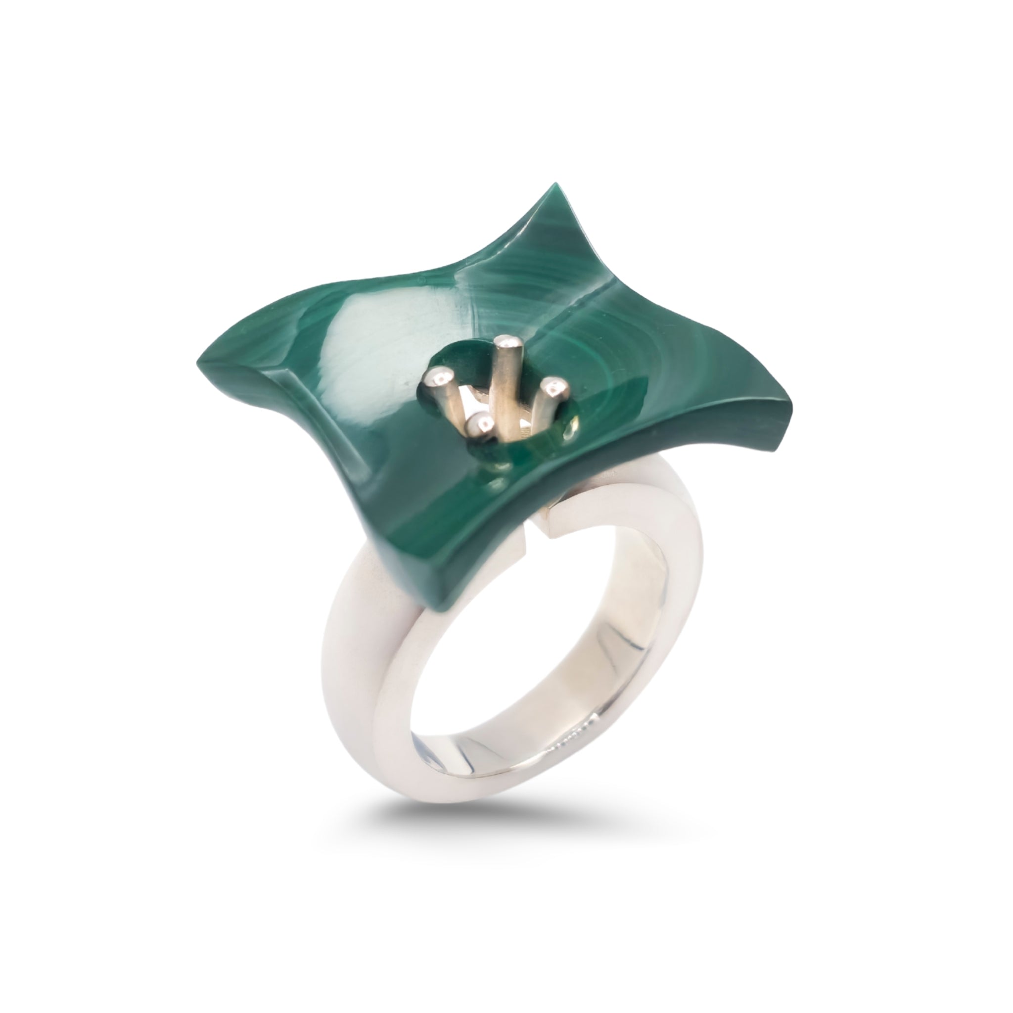Ring Cast in Sterling Silver with Carved Malachite