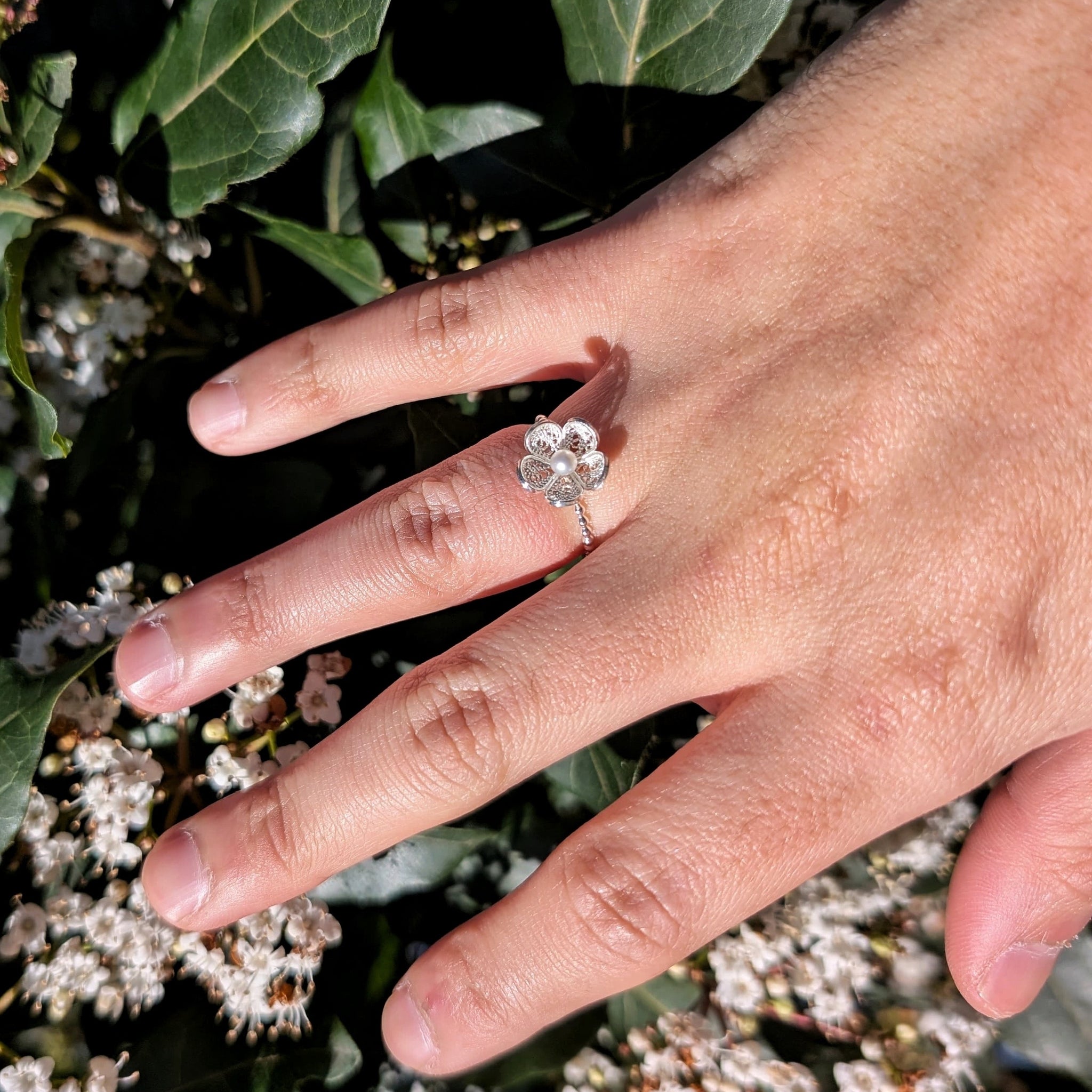Phlox Filigree Ring in Recycled Silver with Pearls