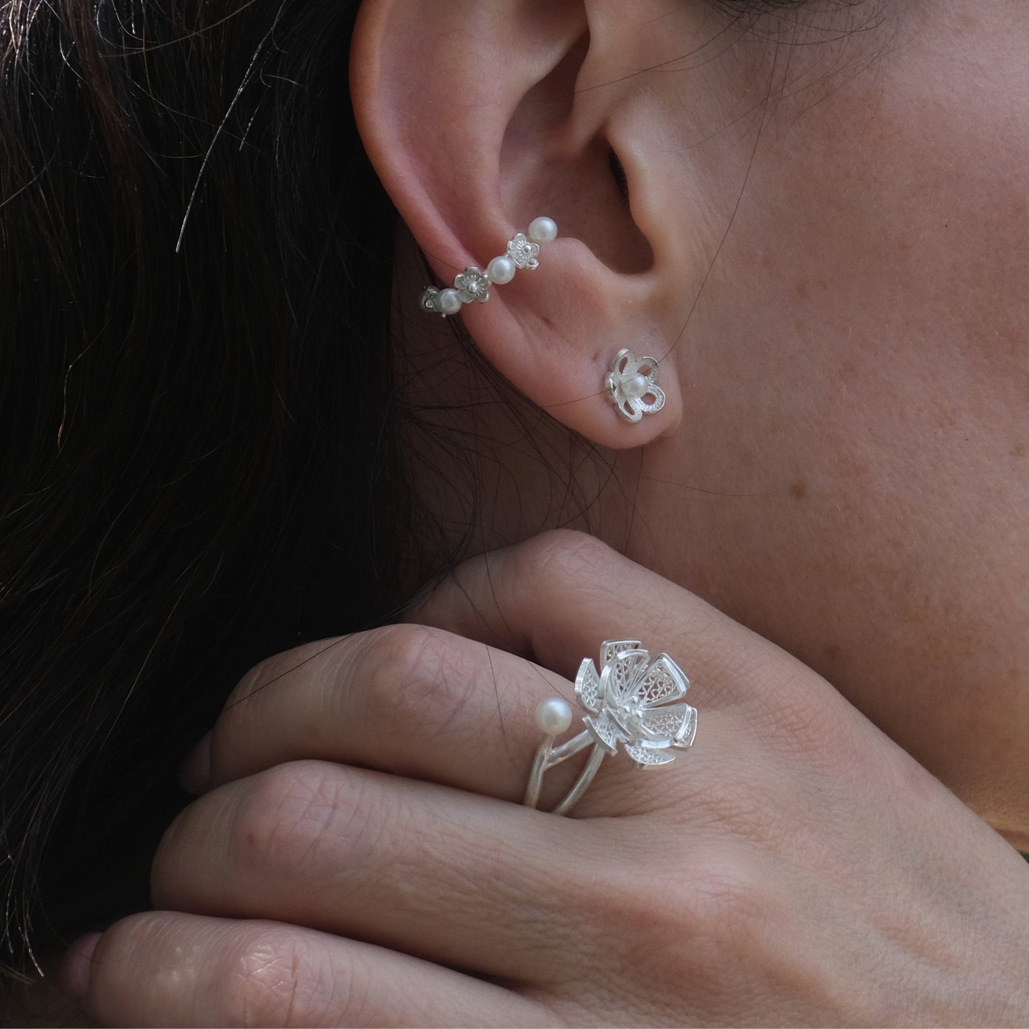 Pearl and Recycled Silver Filigree Ear Studs