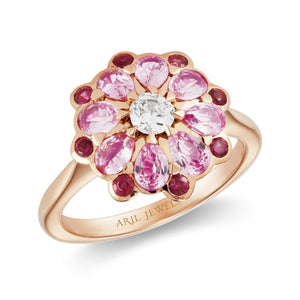 Statement Pink Sapphire, Diamond and Ruby Rose Ring