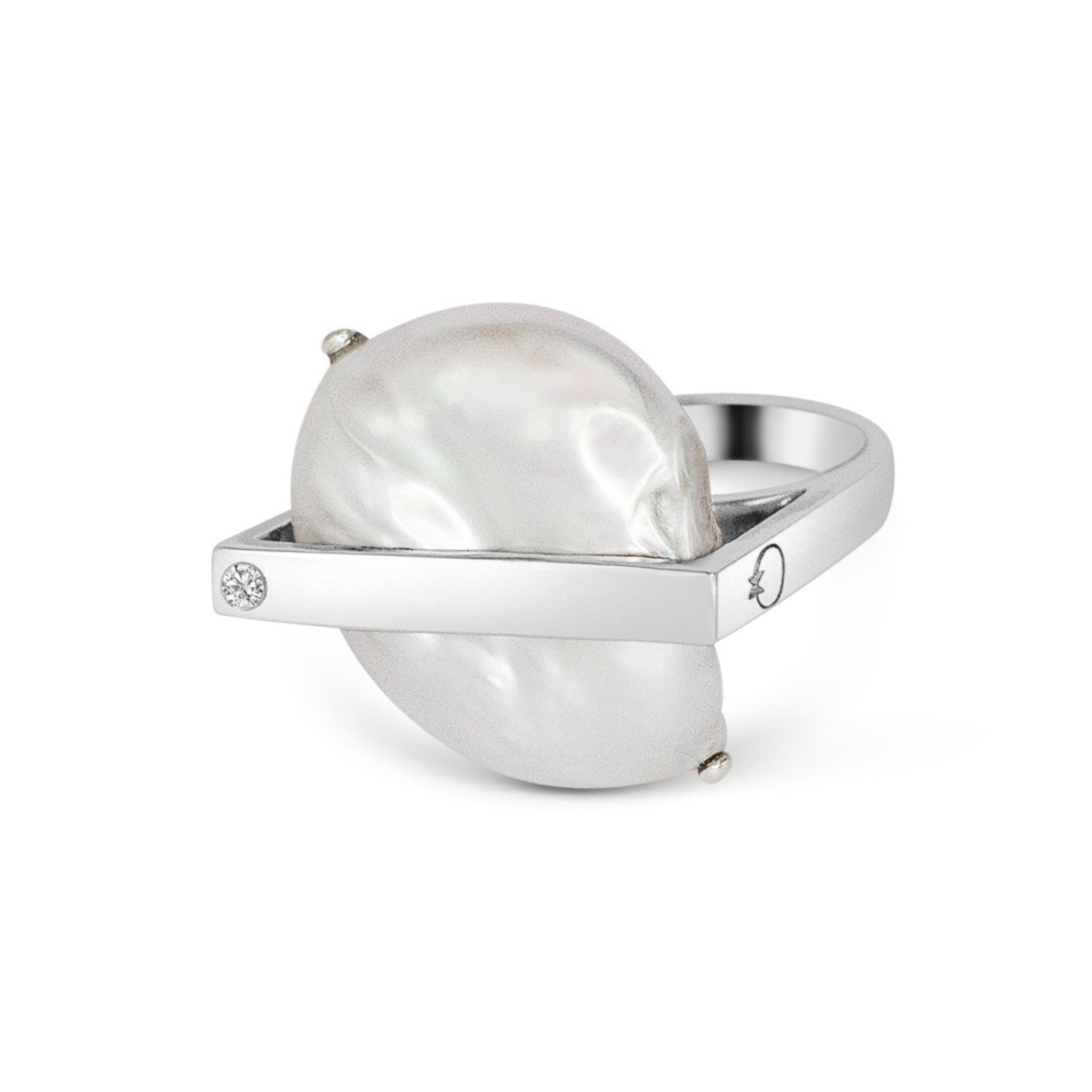 Tension Setting Silver Ring with Diamond and Pearl