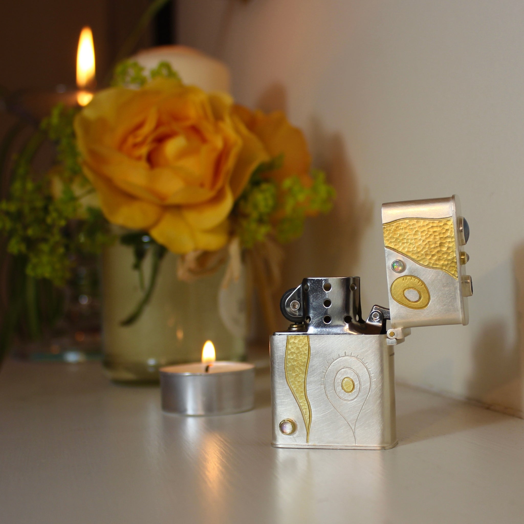 Illuminated Waters Lighter Case in Silver with Opal and Moonstone