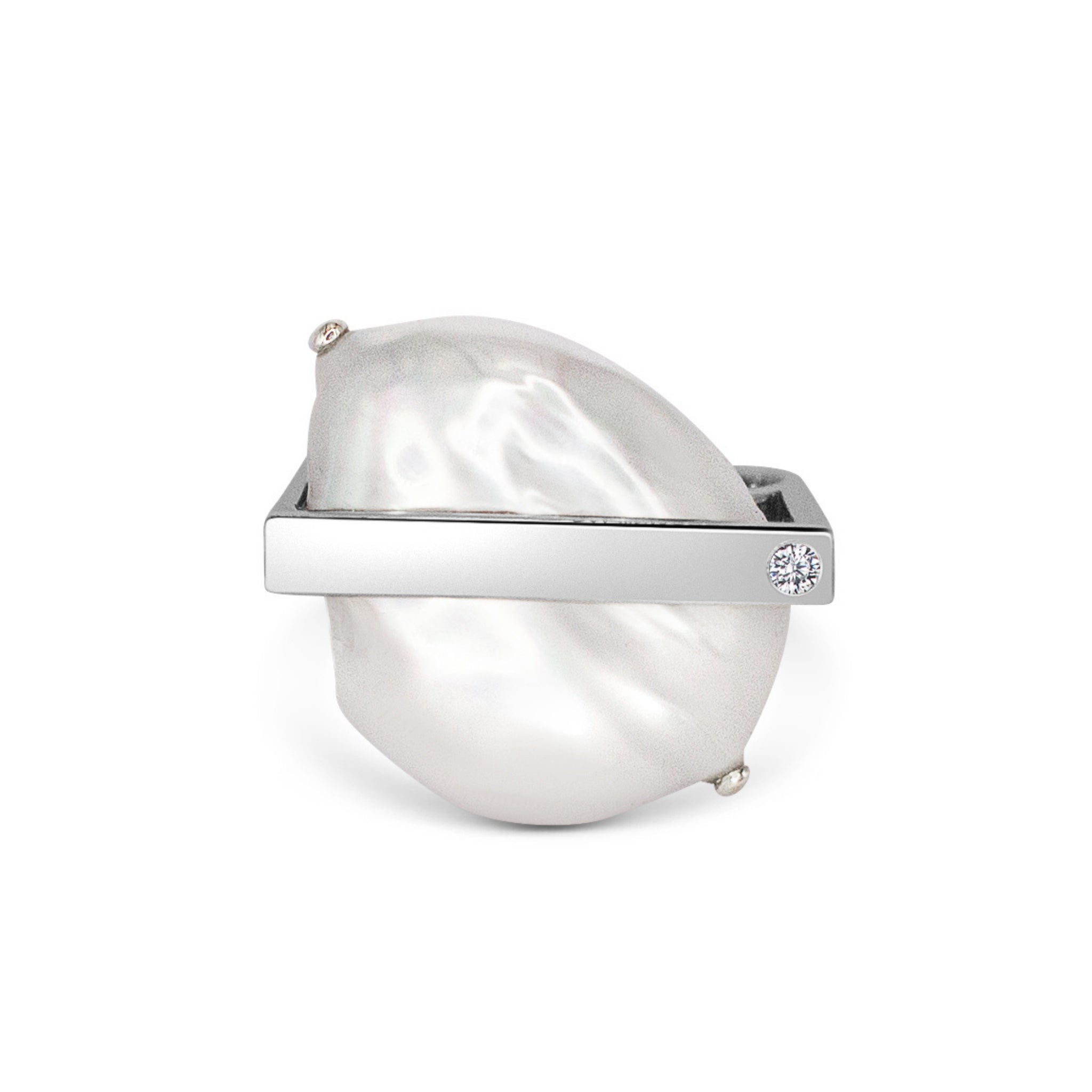Tension Setting Silver Ring with Diamond and Pearl