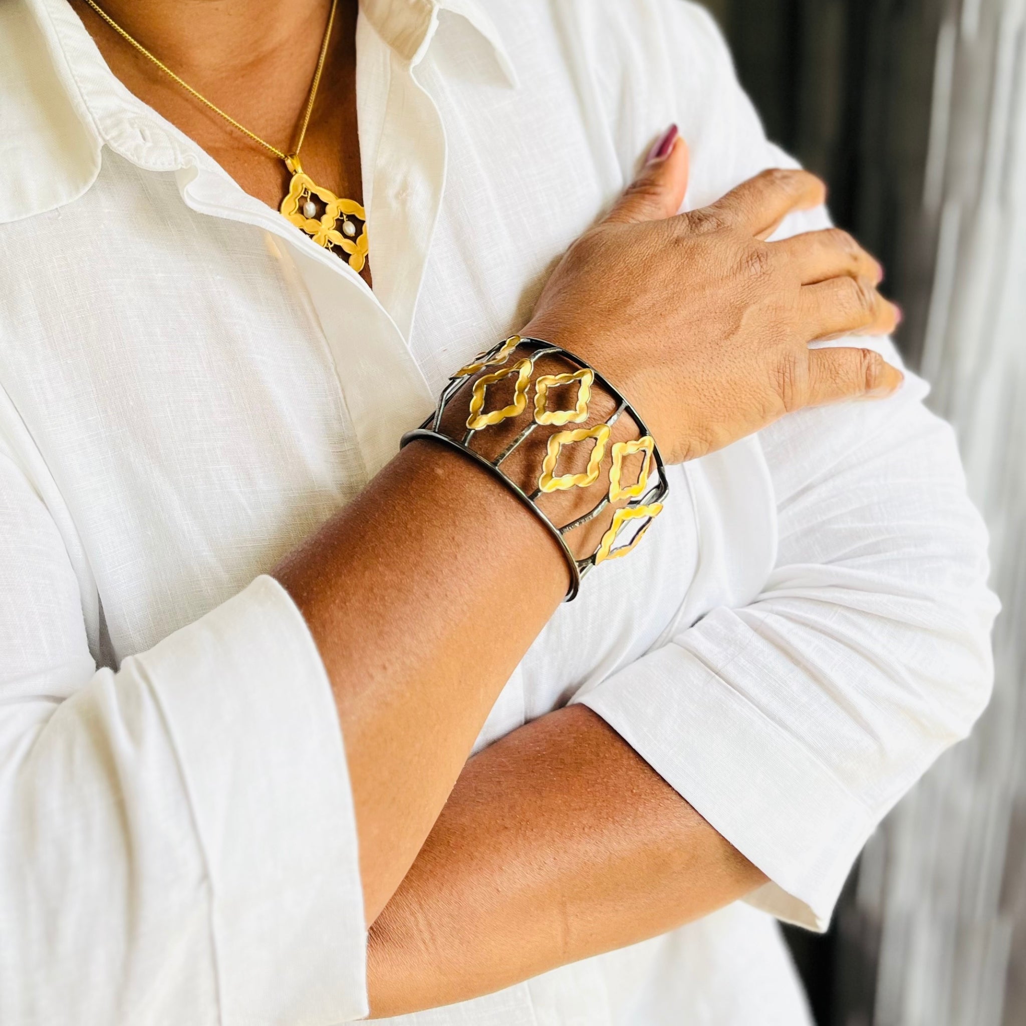 Gothic Lattice Cuff Bracelet in Gold-Plated Silver