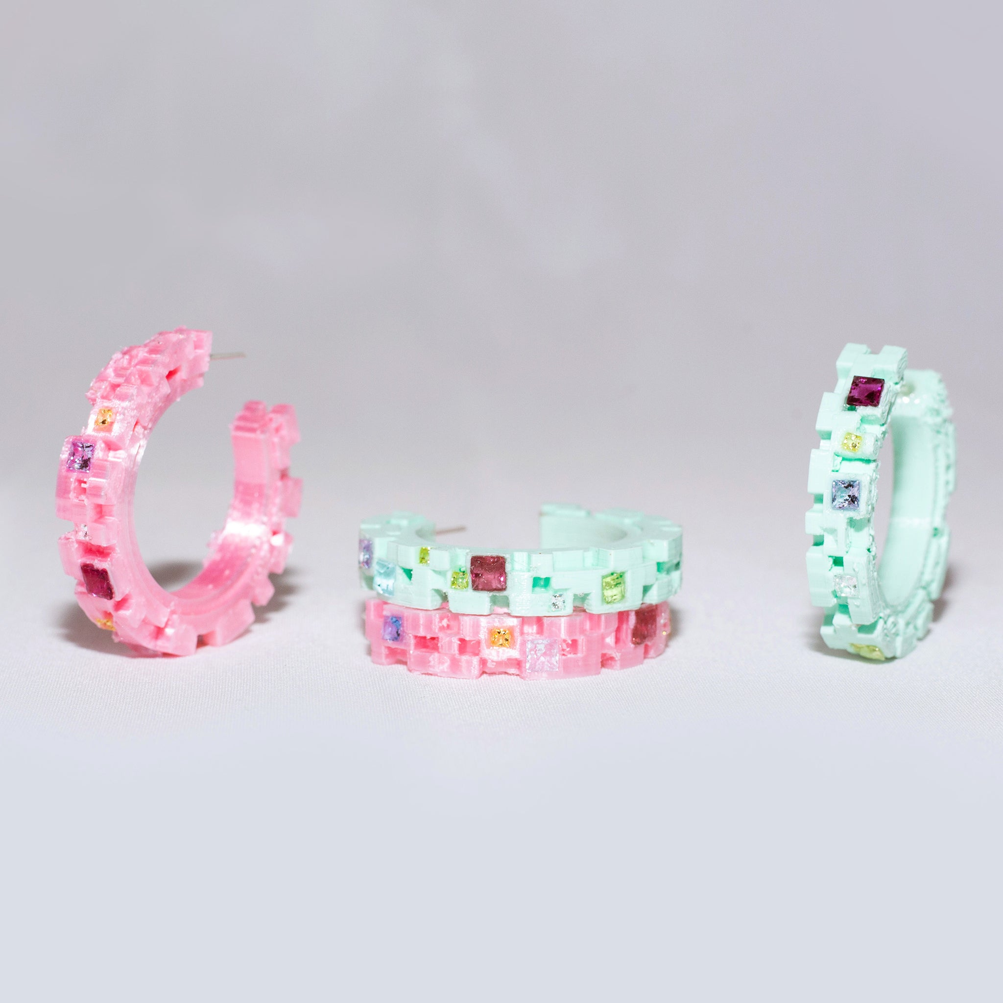 Pixelation Hoop Earrings in 3D Printed PLA & Gems