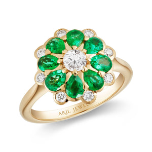 18ct Yellow Gold, Emerald and Diamond Rose Ring