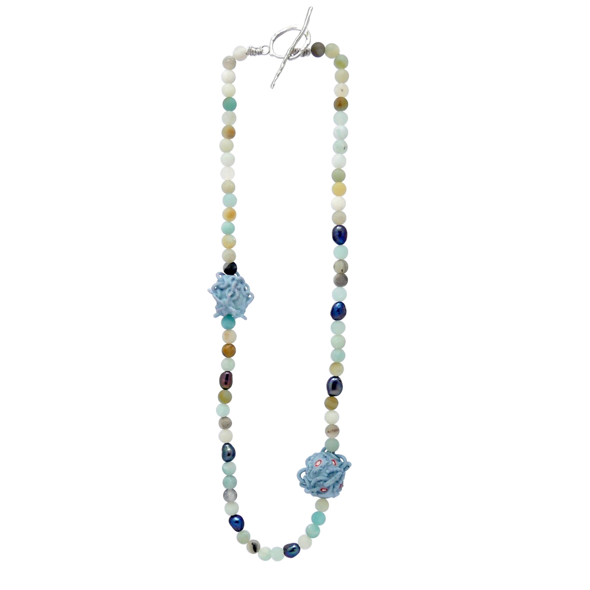 Blue Apatite Freshwater Pearl and Nylon Necklace