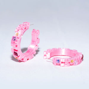 Printed Pink PLA & Gems Pixelation Hoop Earrings