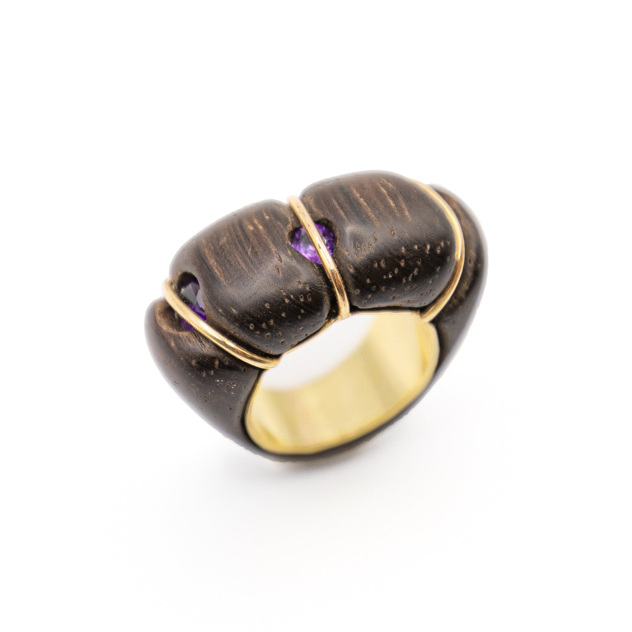 9ct Yellow Gold, Amethyst and Jacarandá Wood Ring