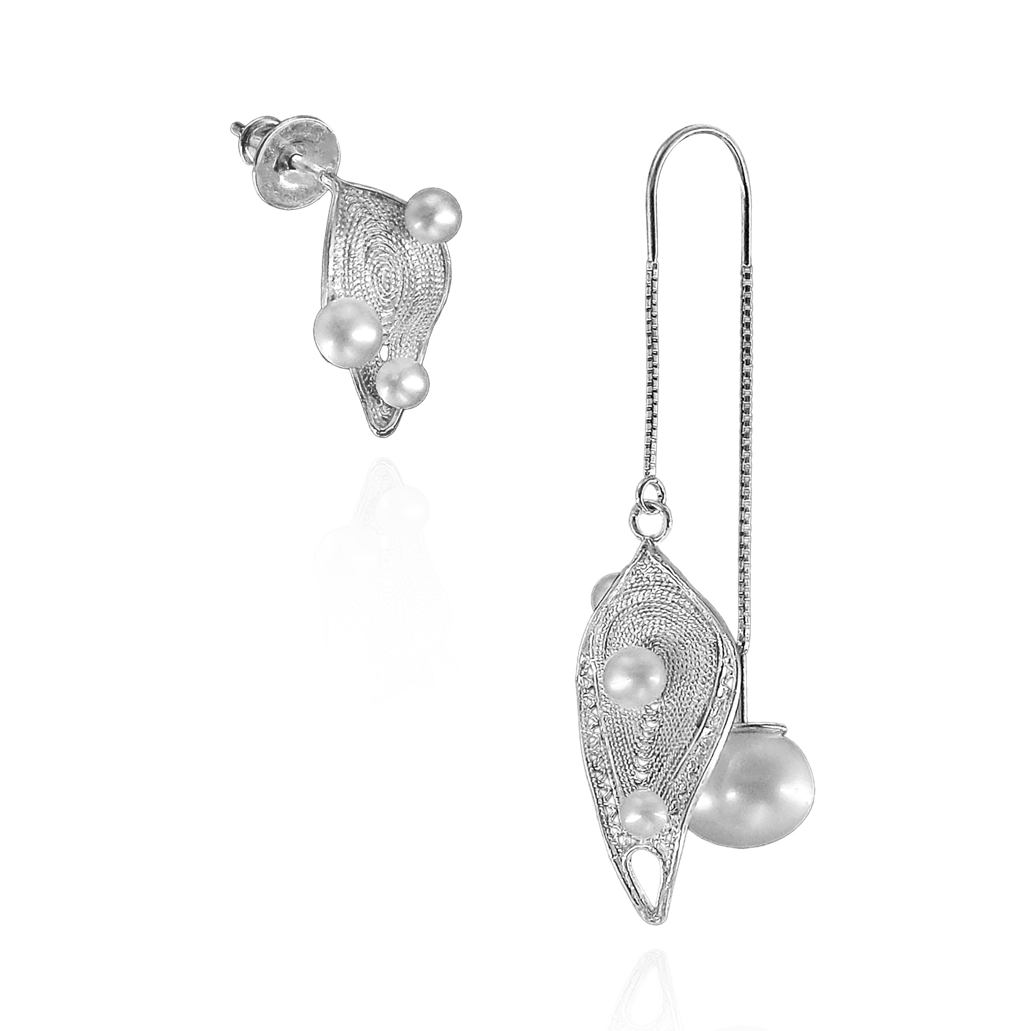 Recycled Silver and Pearl Asymmetrical Leaf Earrings