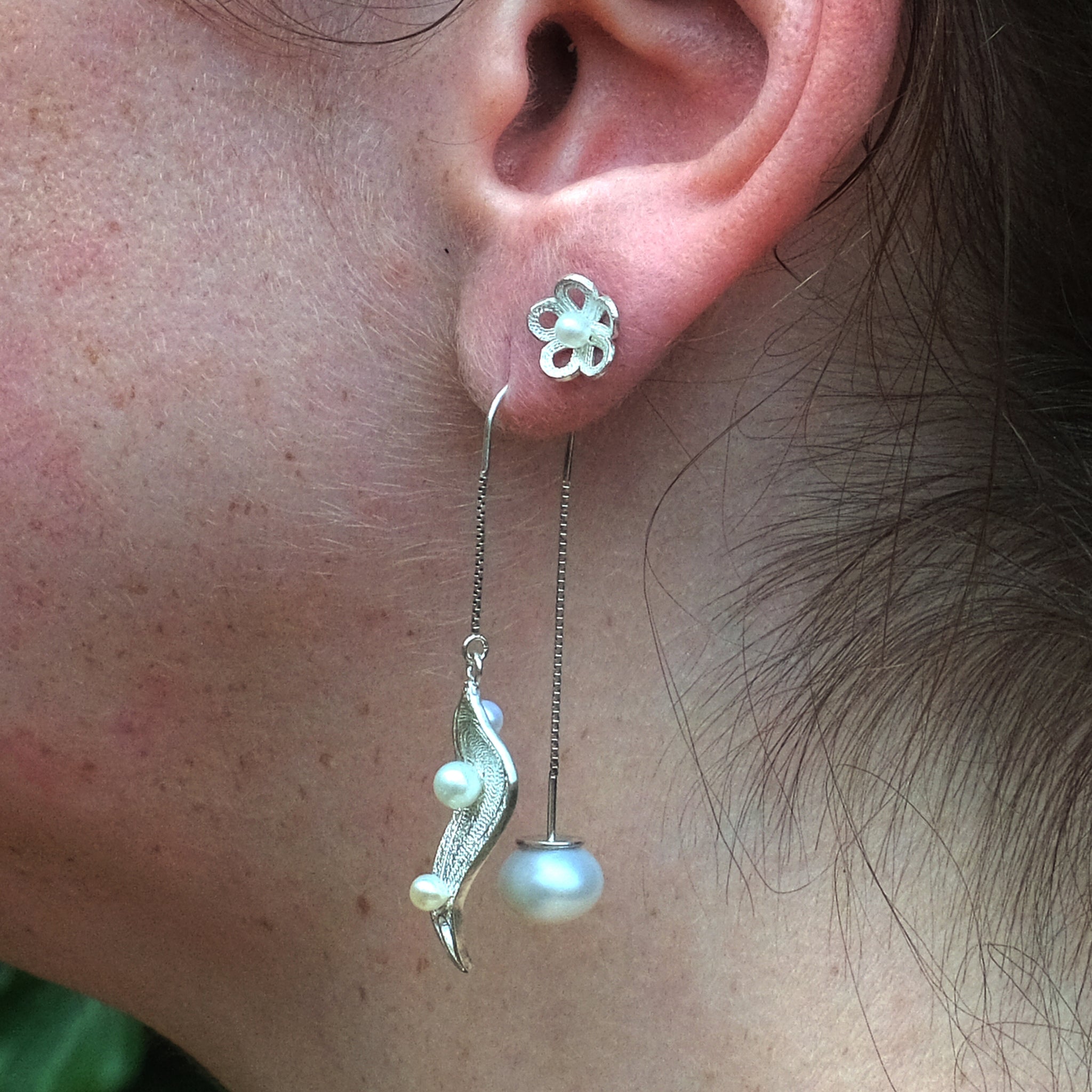 Recycled Silver and Pearl Asymmetrical Leaf Earrings