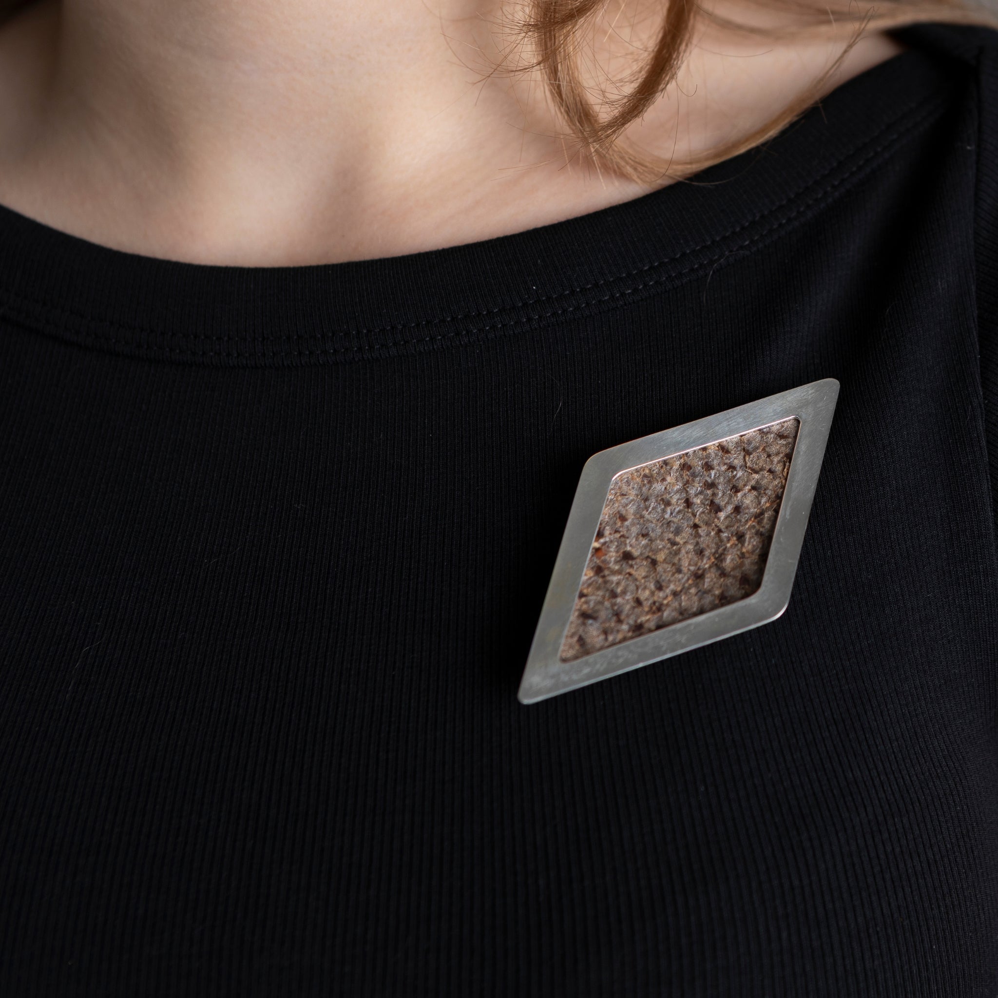 Sterling Silver and Leather Sea Diamond Brooch