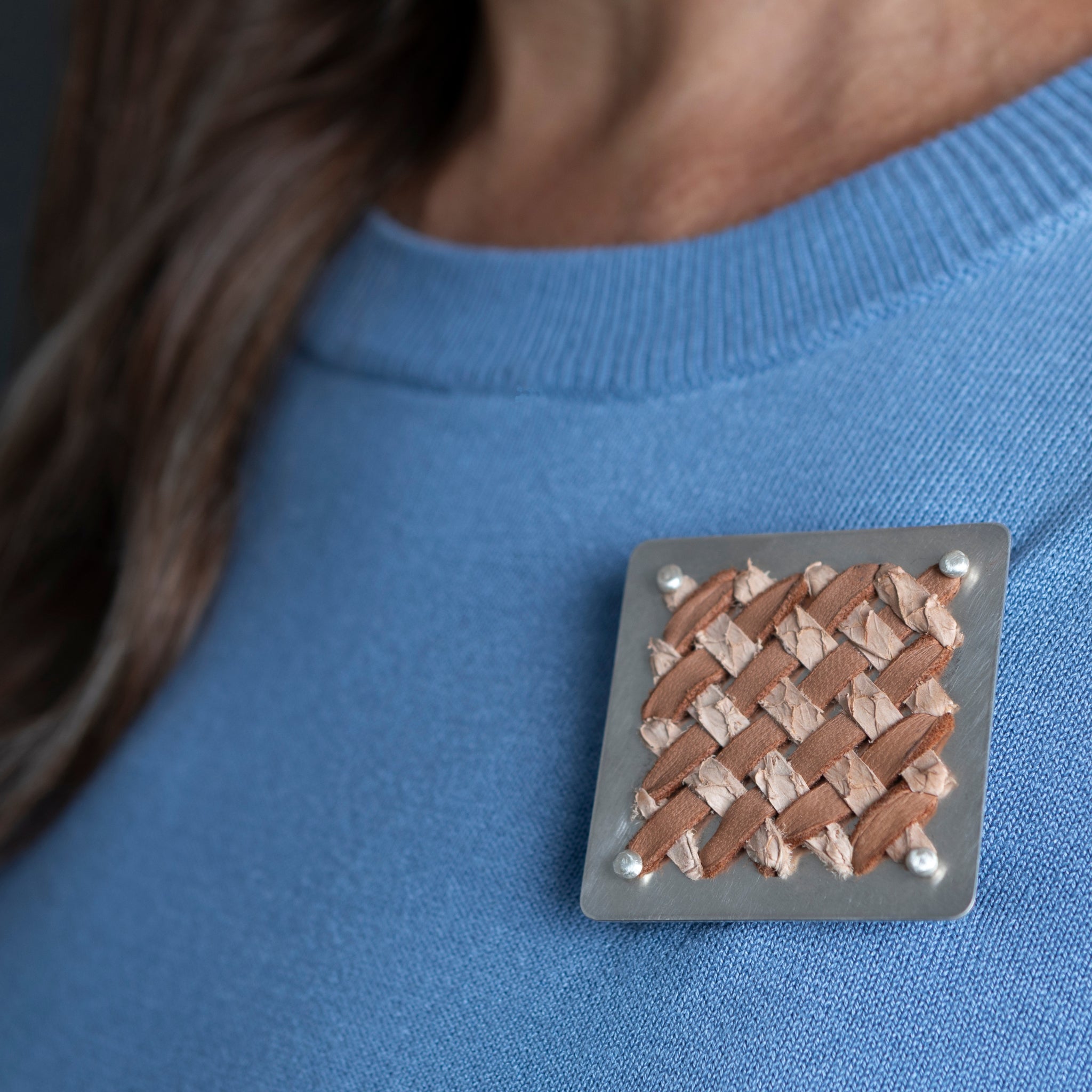 Salmon Leather and Sterling Silver Cross Seas Brooch