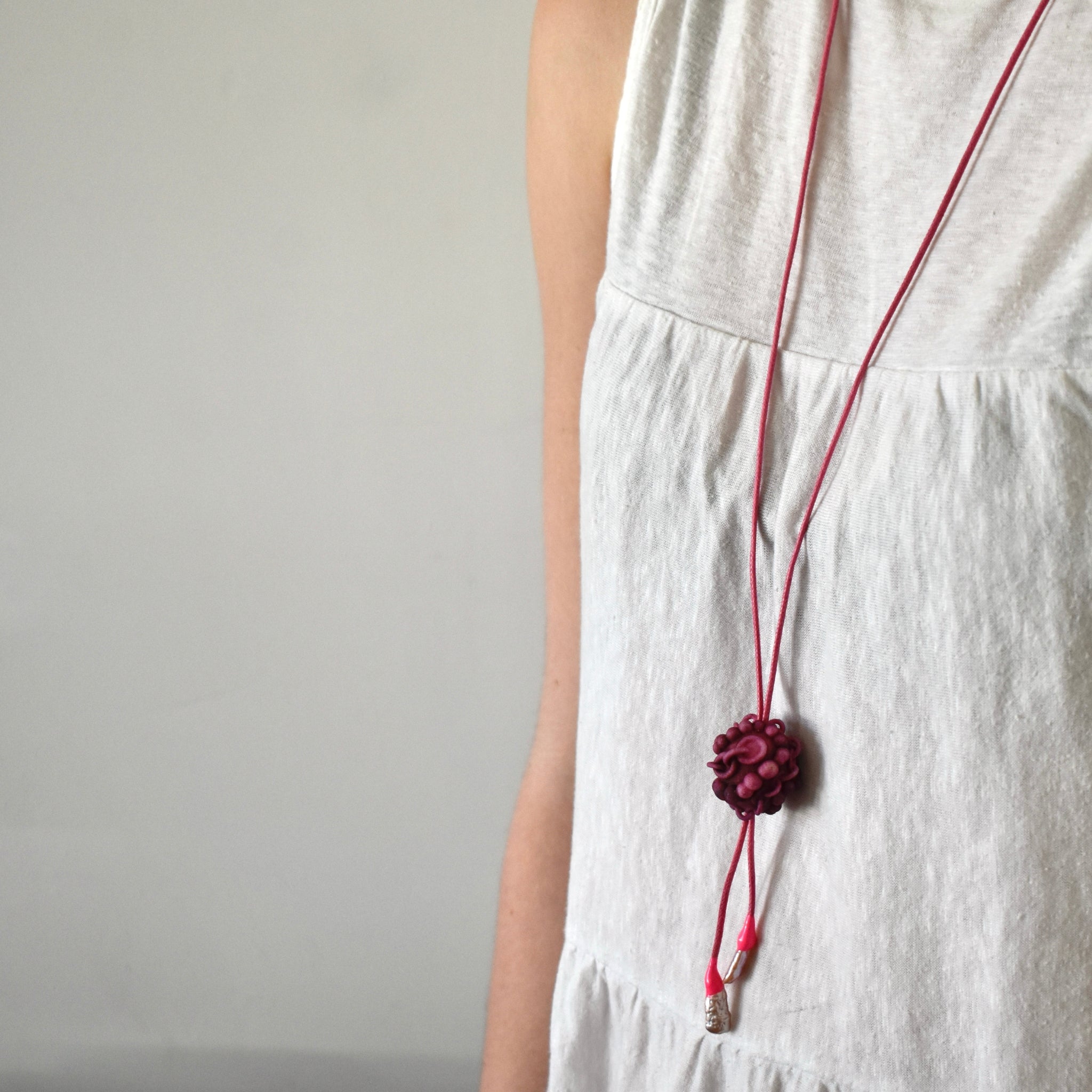 Dark Pink Bolo Tie Pearl Pendant Necklace