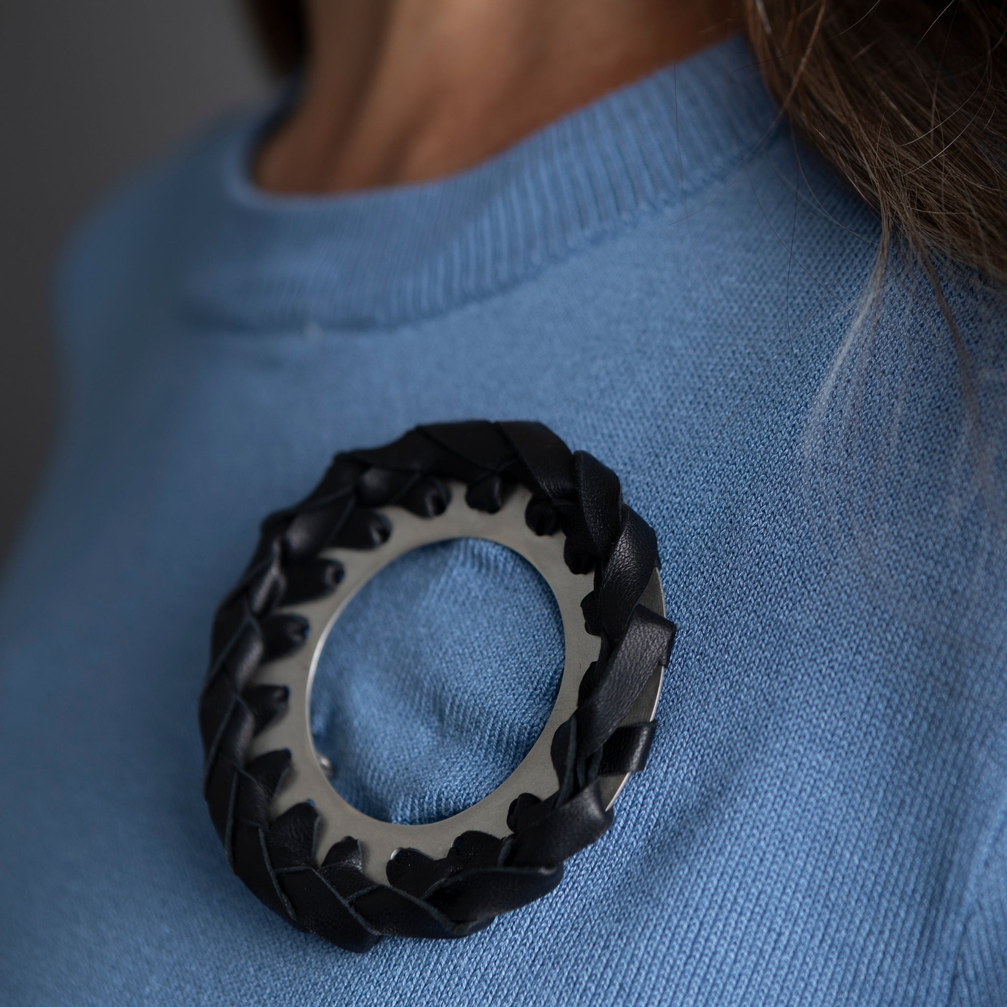 Whirlpool Brooch in Sterling Silver and Napa Leather