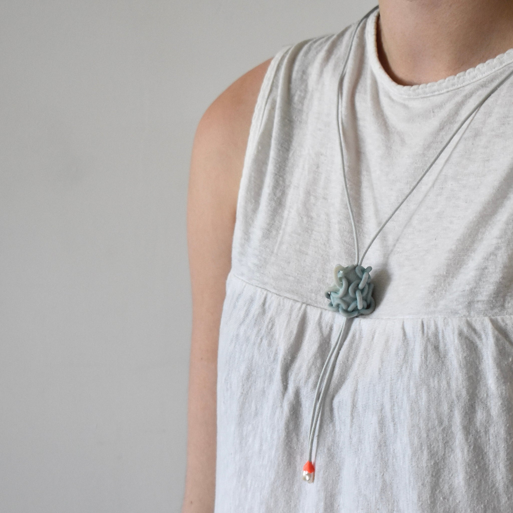 Pale Bolo Tie Nylon Pendant Necklace with Pearls