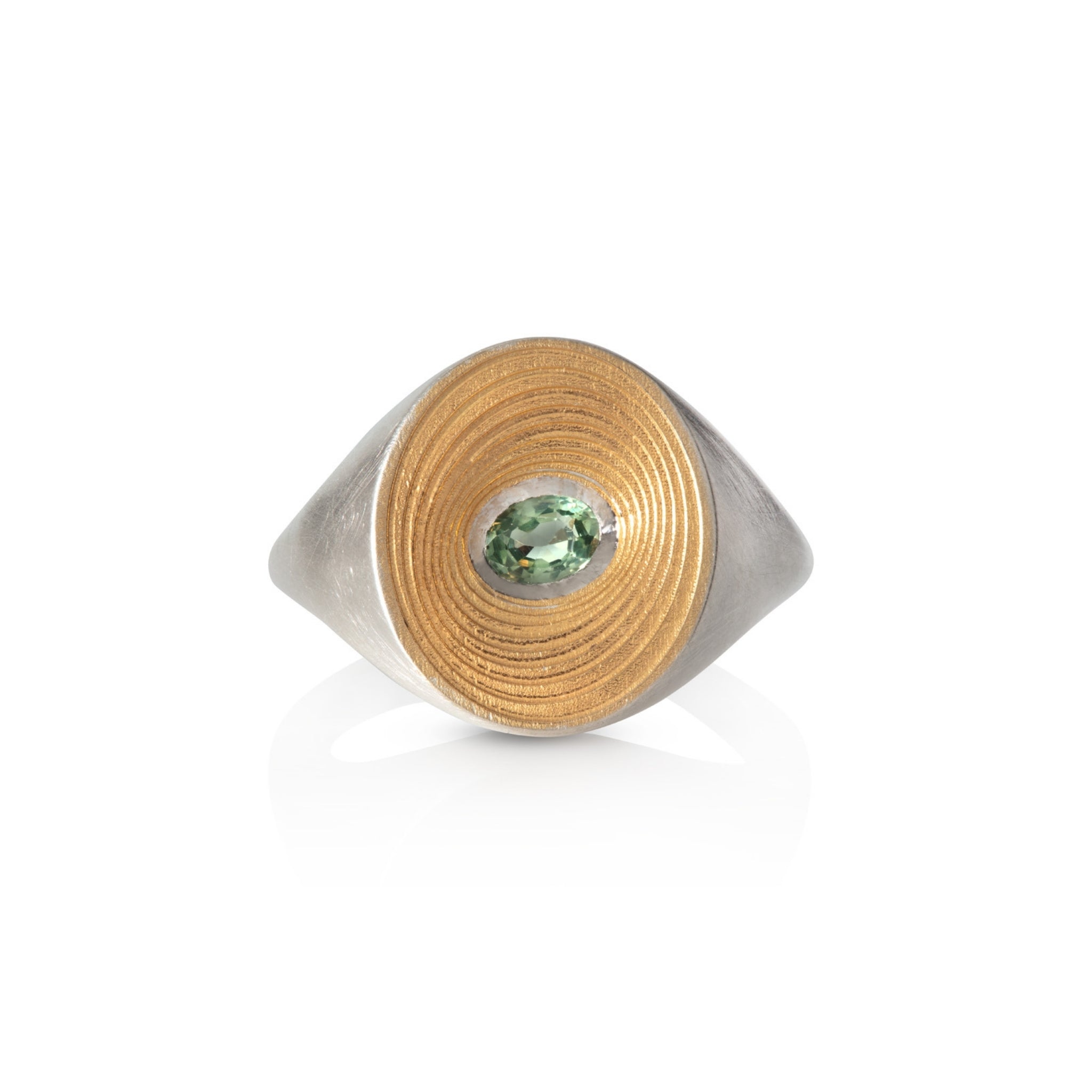Gold-Plated Spiral Signet Ring with Green Sapphire