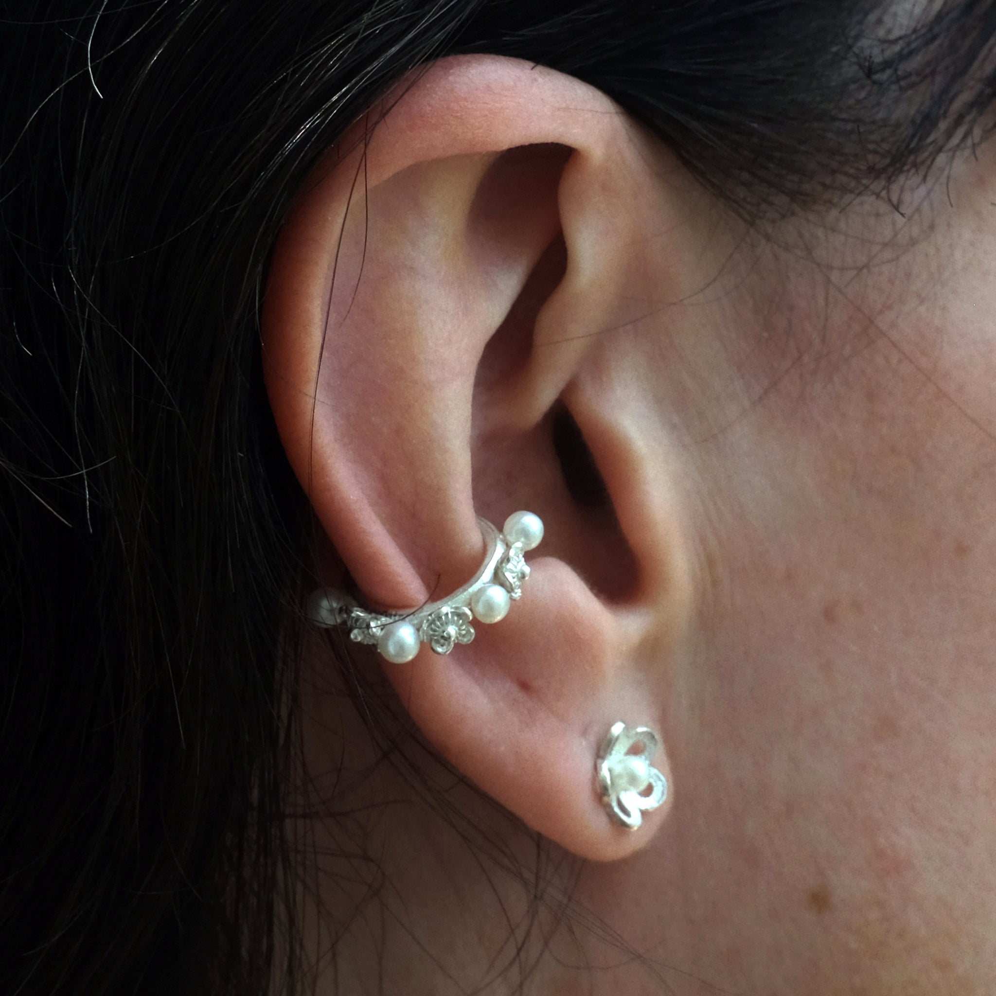 Filigree Ear Cuff in Recycled Silver with Pearls