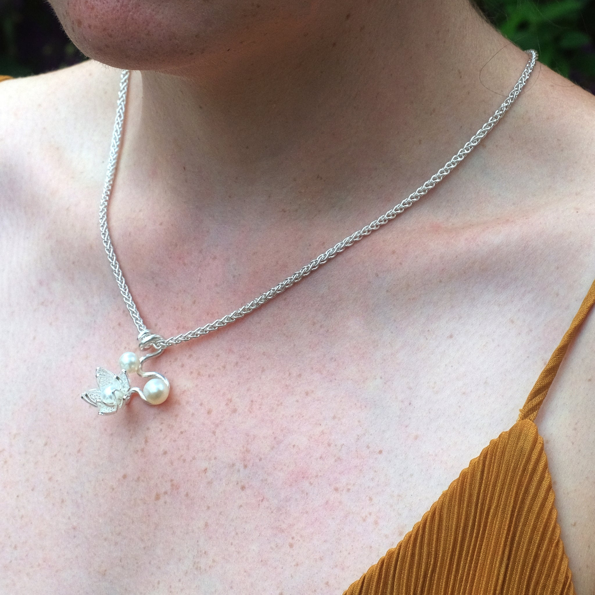 Jasminum Wrap Filigree Silver and Pearl Pendant