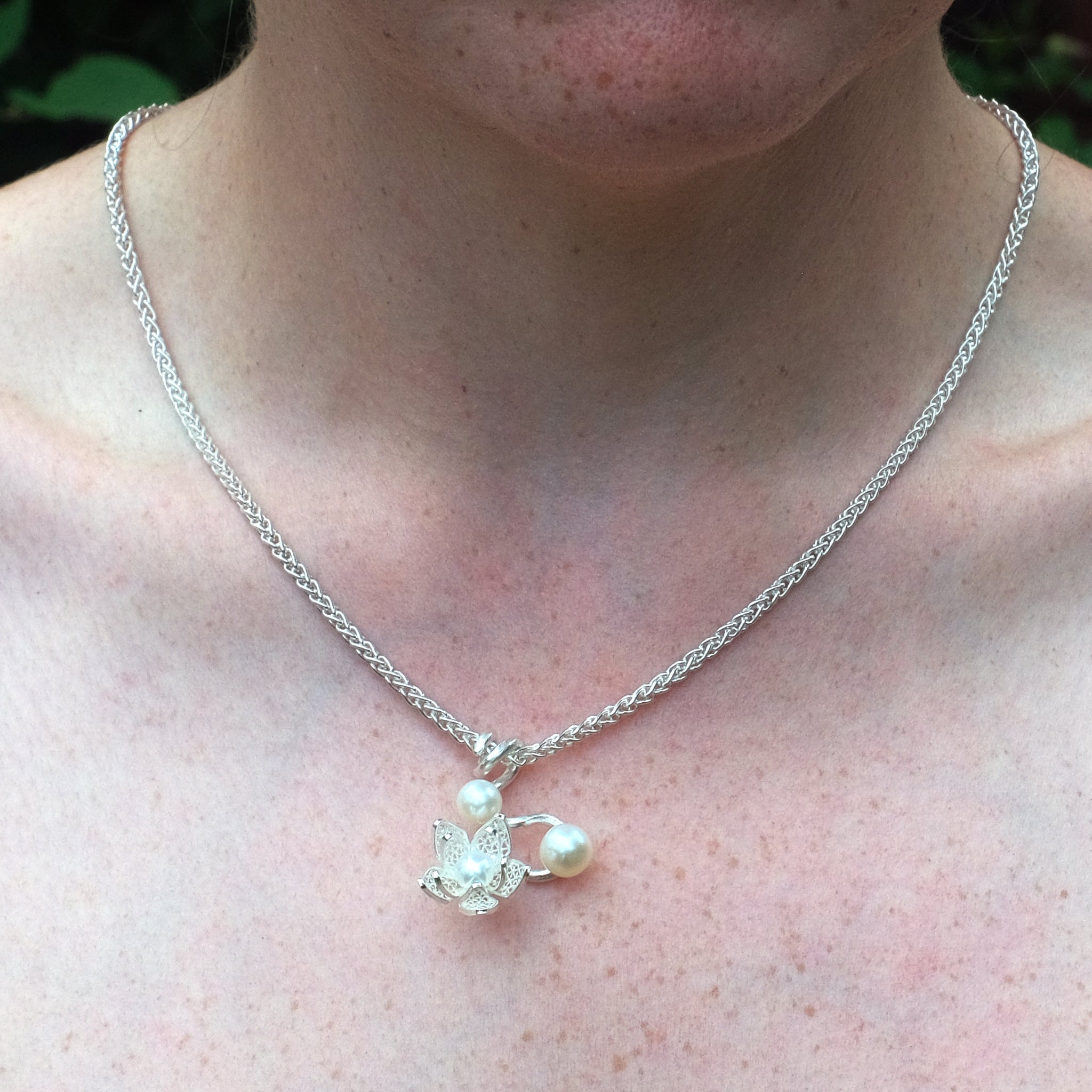 Jasminum Wrap Filigree Silver and Pearl Pendant