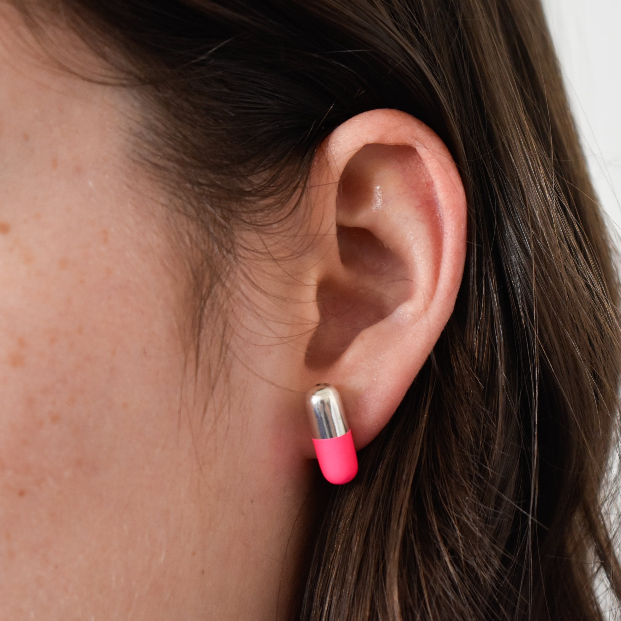 Repeat Prescription Pink Pill Earrings in Silver
