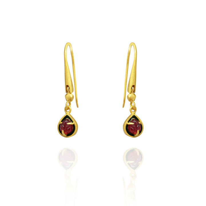 Pink leaf tourmalines with green enamel border earrings