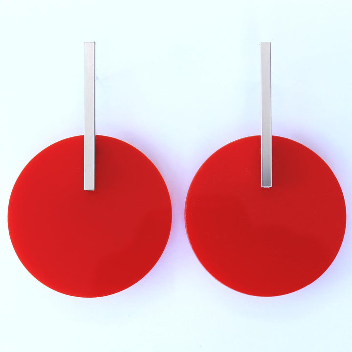Circle Earrings in Silver with Red Acrylic