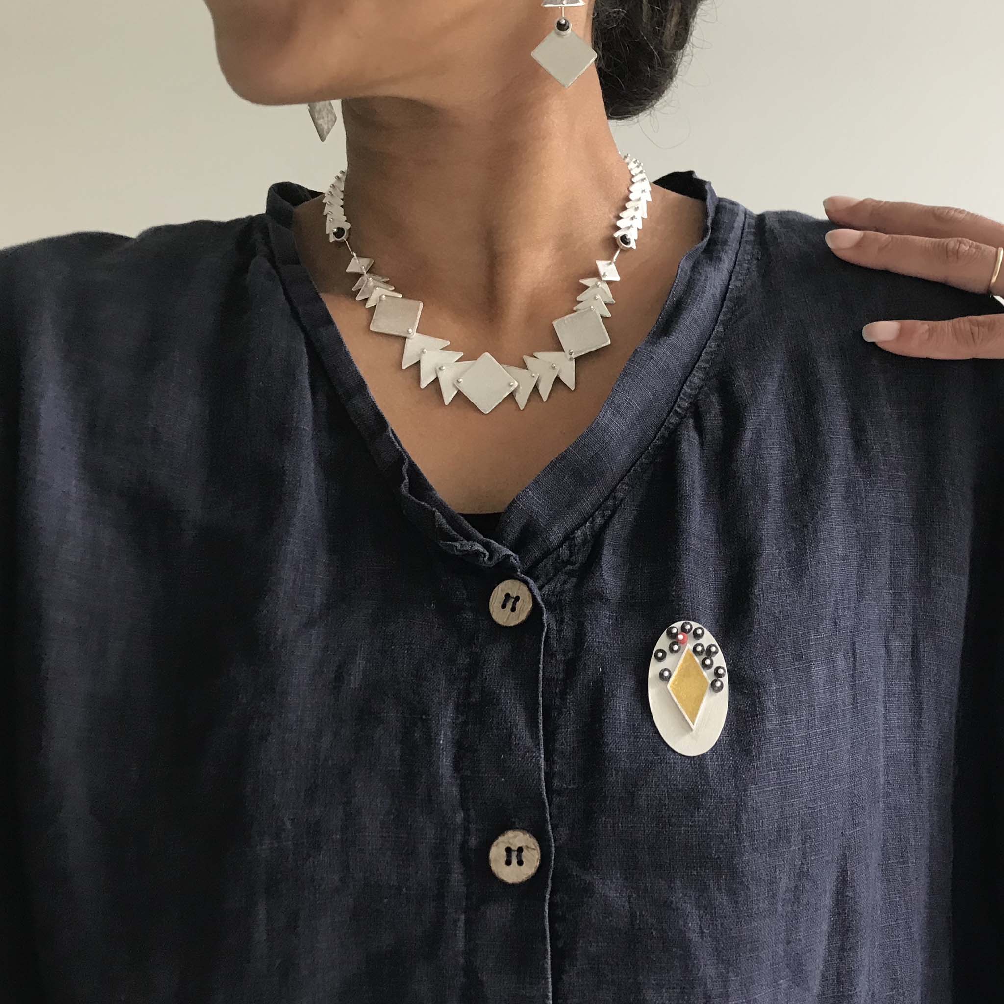 Nkissi Brooch, Silver, 24ct Gold and Glass Beads