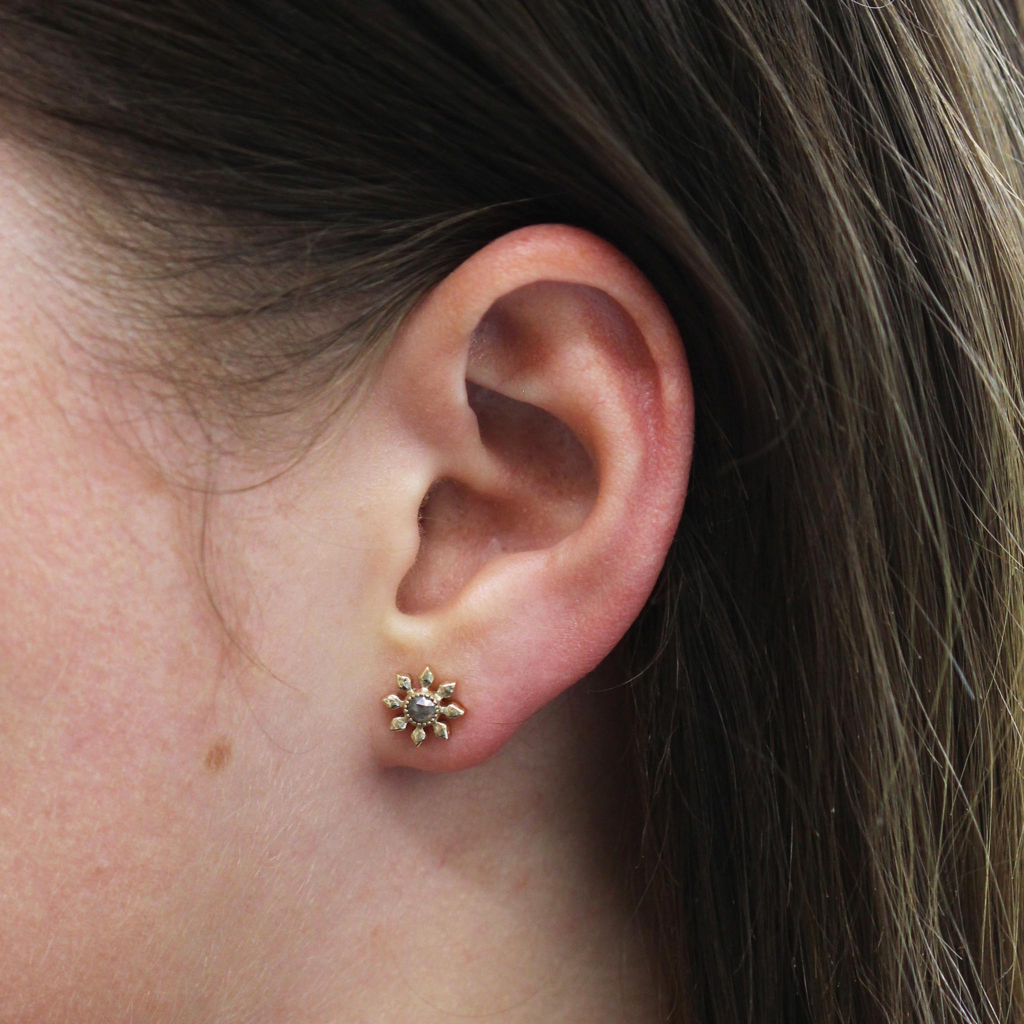 Rose Cut Diamond 9ct Recycled Gold Flower Earrings