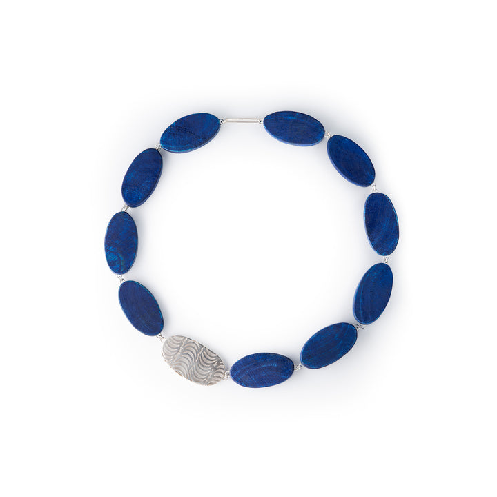 Silver and Blue Reclaimed Wood  Statement Necklace by Caitlin Hegney